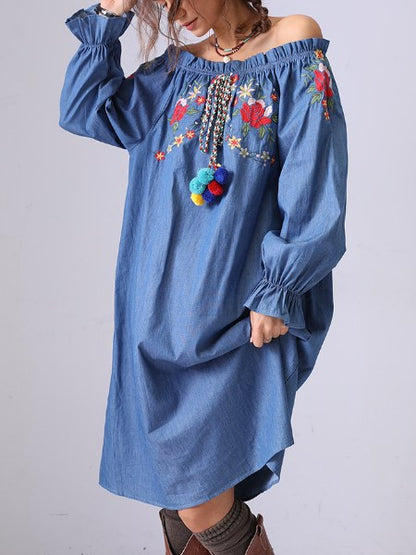 Off Shoulder Flower Embroidered Mid Denim Dress