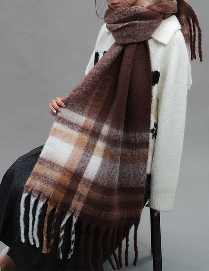 Checkered Wool Blend Long Shawl Winter Scarf