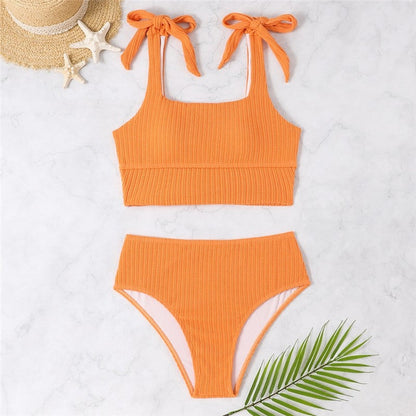 Two Piece High Waist Conservative Solid Color Swimsuit