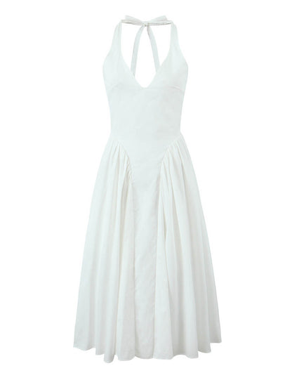 Solid Color Halter V-Neck Ruffle Maxi Dress