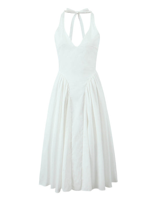 Solid Color Halter V-Neck Ruffle Maxi Dress