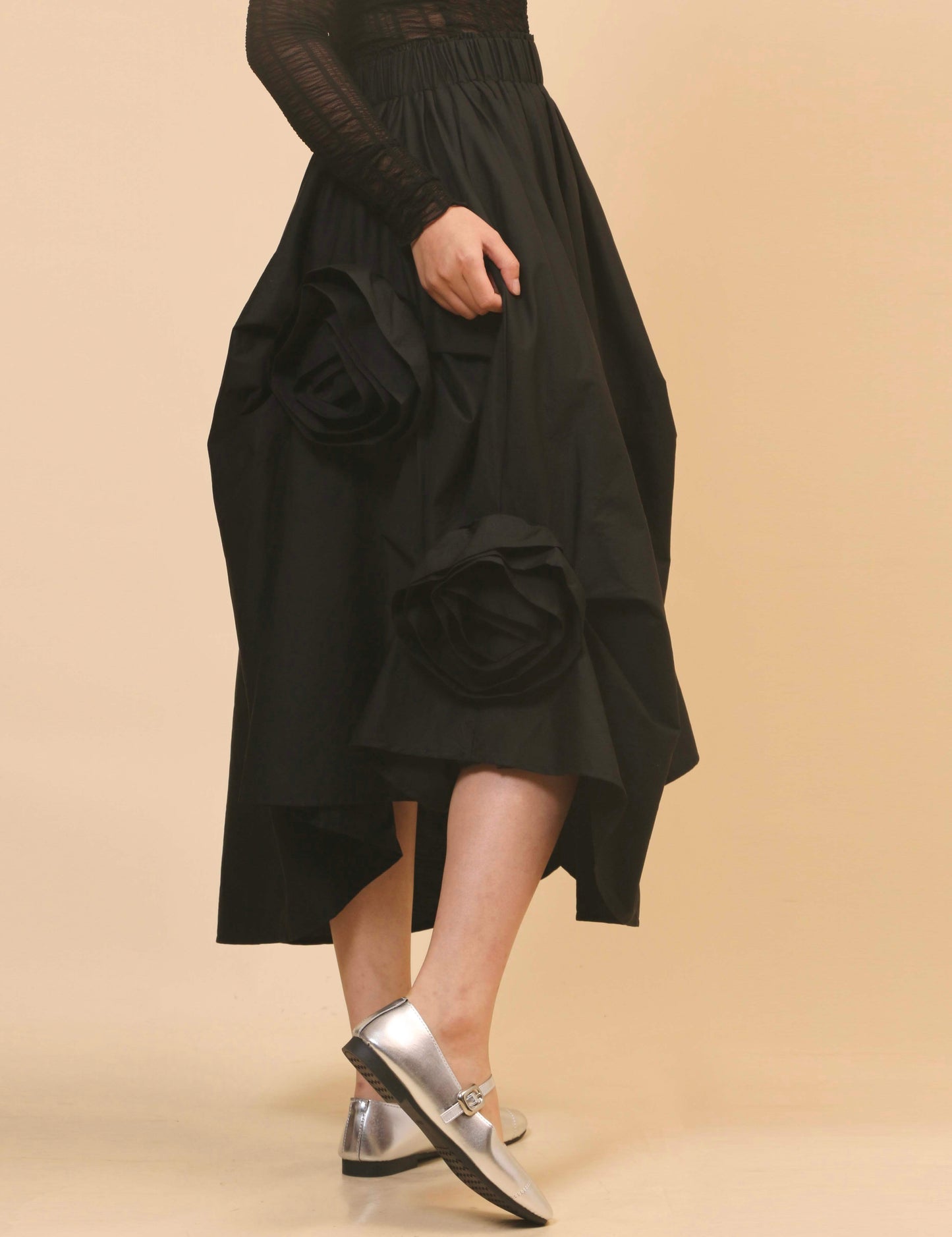 Irregular Hem Flower Decoration Midi Skirt