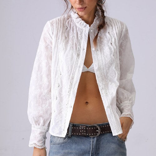 Embroidered Lace Ruffled Button Down Shirt