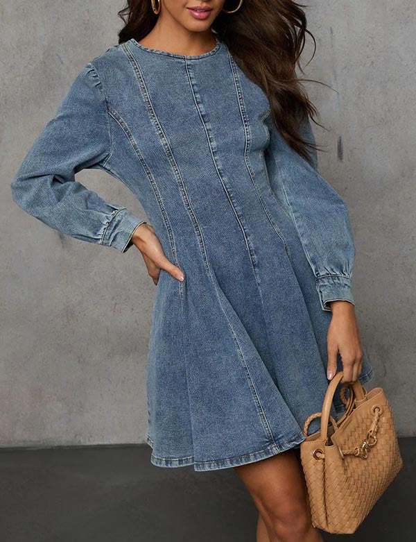Splicing Washed Long Sleeves Denim Mini Dress