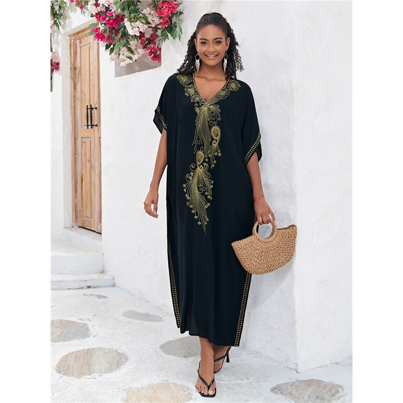 Half-Sleeve V-Neck Embroidered Beach Cover-Up