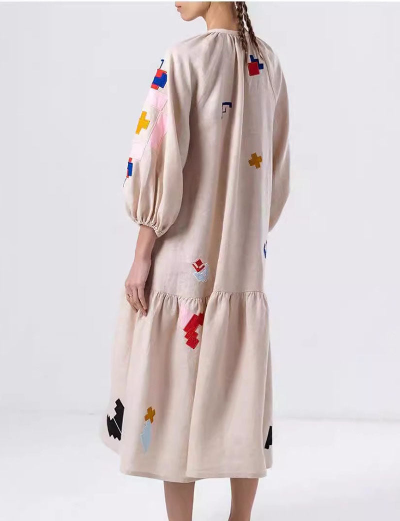 Lantern Sleeves Print Loose Midi Dress