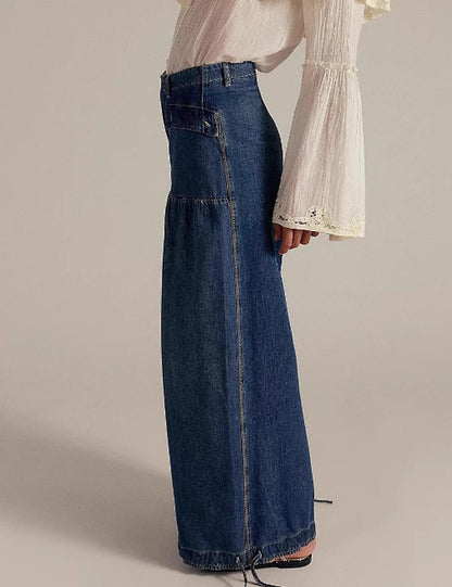 Simple Ruched Drawstring Cuffed Denim Pants
