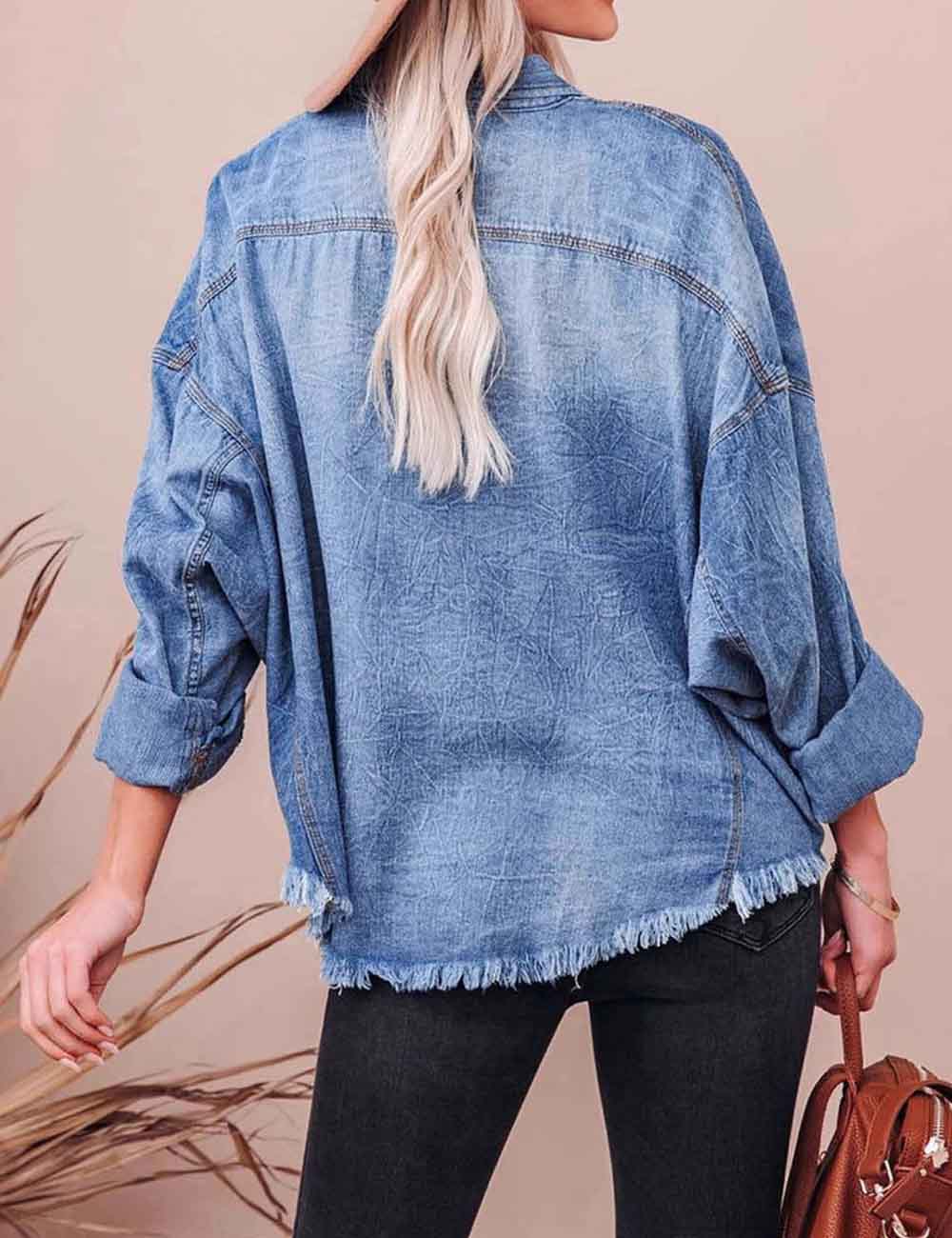 Loose Lapel Collar Long Sleeve Denim Shirt