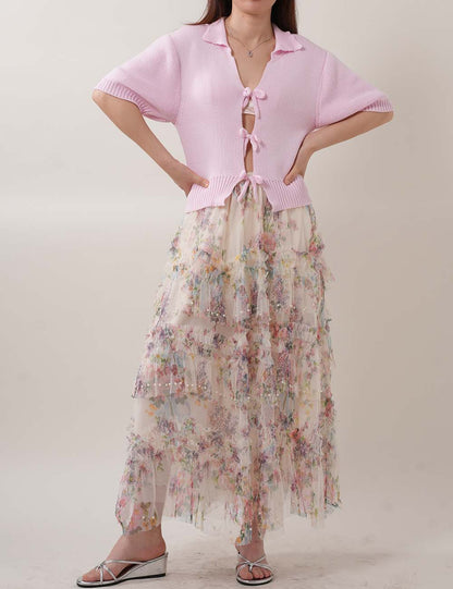 Floral Print Midi Tulle Mesh Skirts