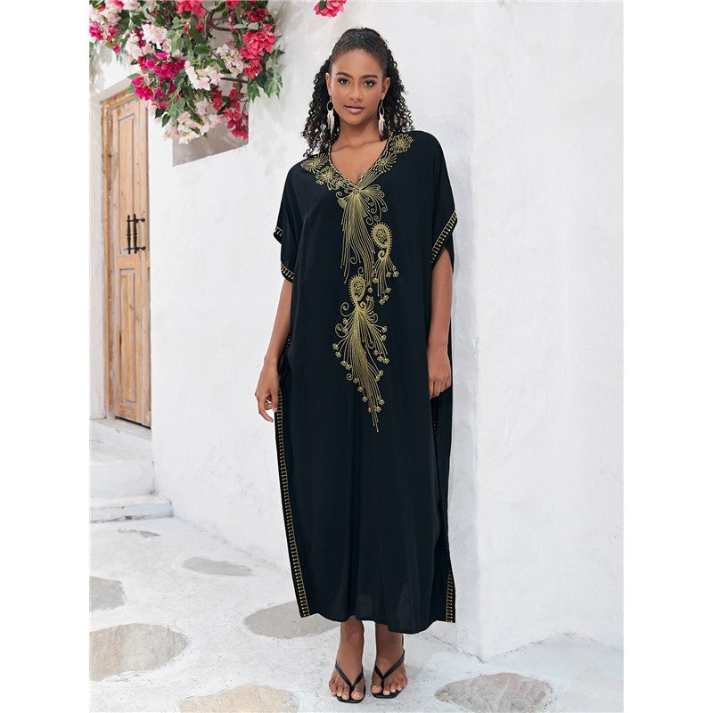 Half-Sleeve V-Neck Embroidered Beach Cover-Up