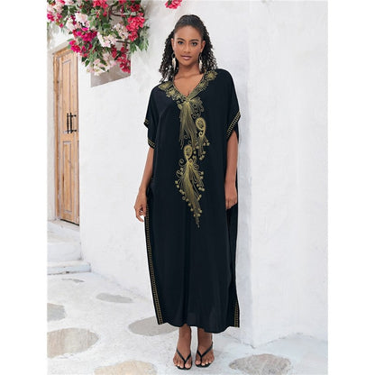 Half-Sleeve V-Neck Embroidered Beach Cover-Up