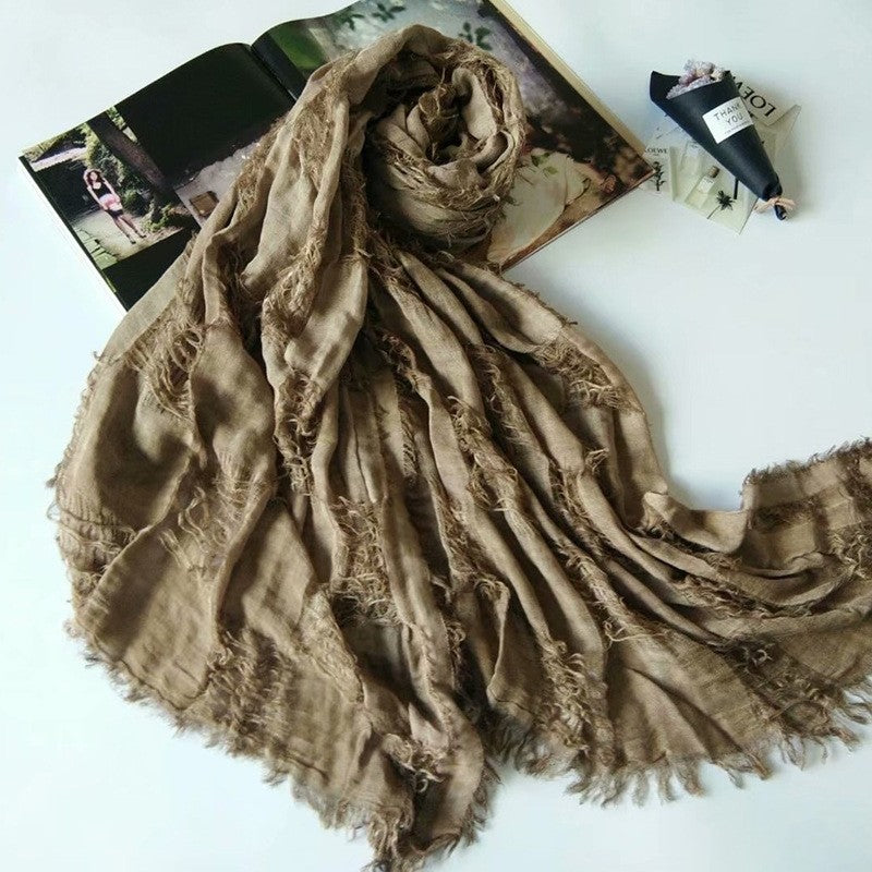 Solid Tassels Hole Cotton Blend Scarf