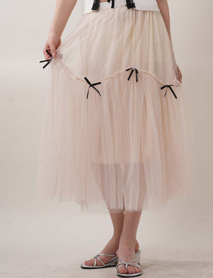 Bow Tulle Layered Mesh A-Line Miid Skirt