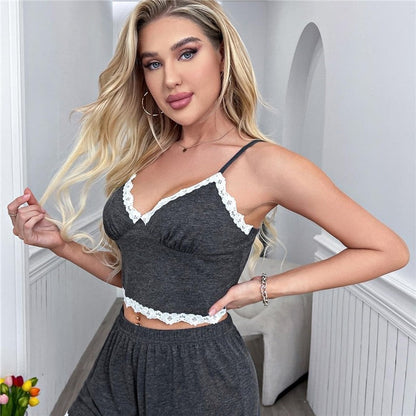 V-Neck Spaghetti Strap Shorts Lace Patchwork Homewear Set