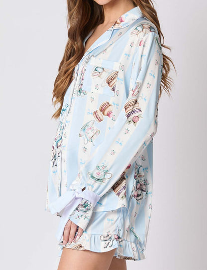 2 Pcs Cute Flower Print Satin Ruffled Pajamas Set