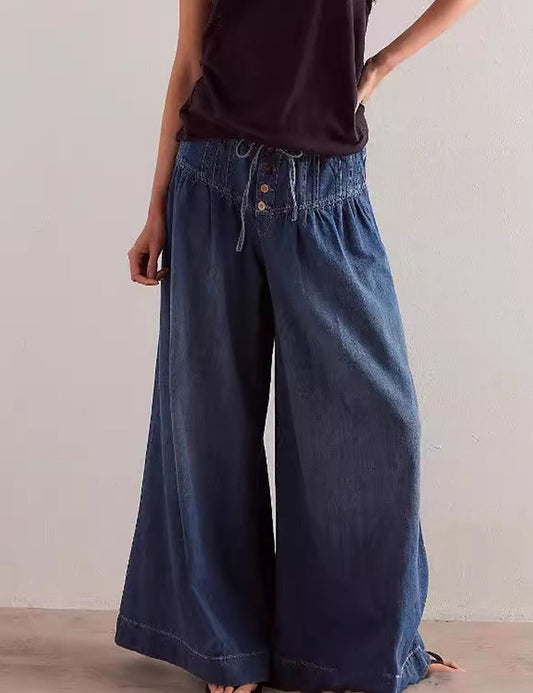 Casual Pleated Mid Waist Wide Leg Jeans
