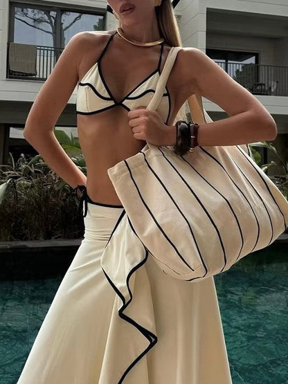 Color Block String Bikini With Cover