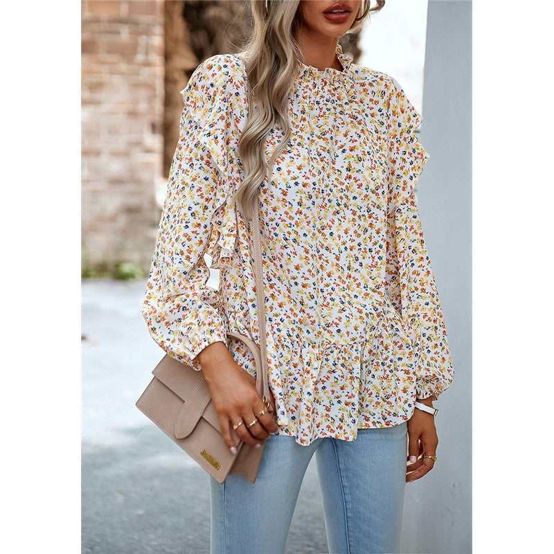 Lace Collar Floral Wood Ear Trim Shirt