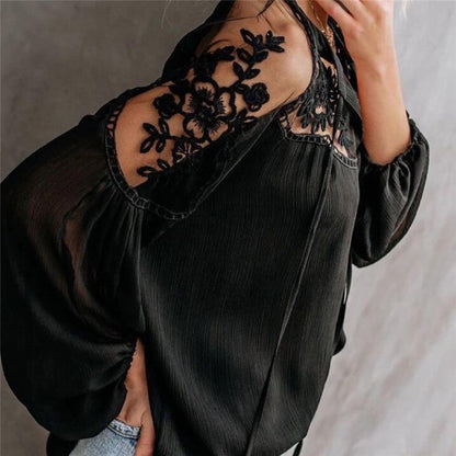 Loose Plain Hollow Long Sleeve Chiffon Blouse