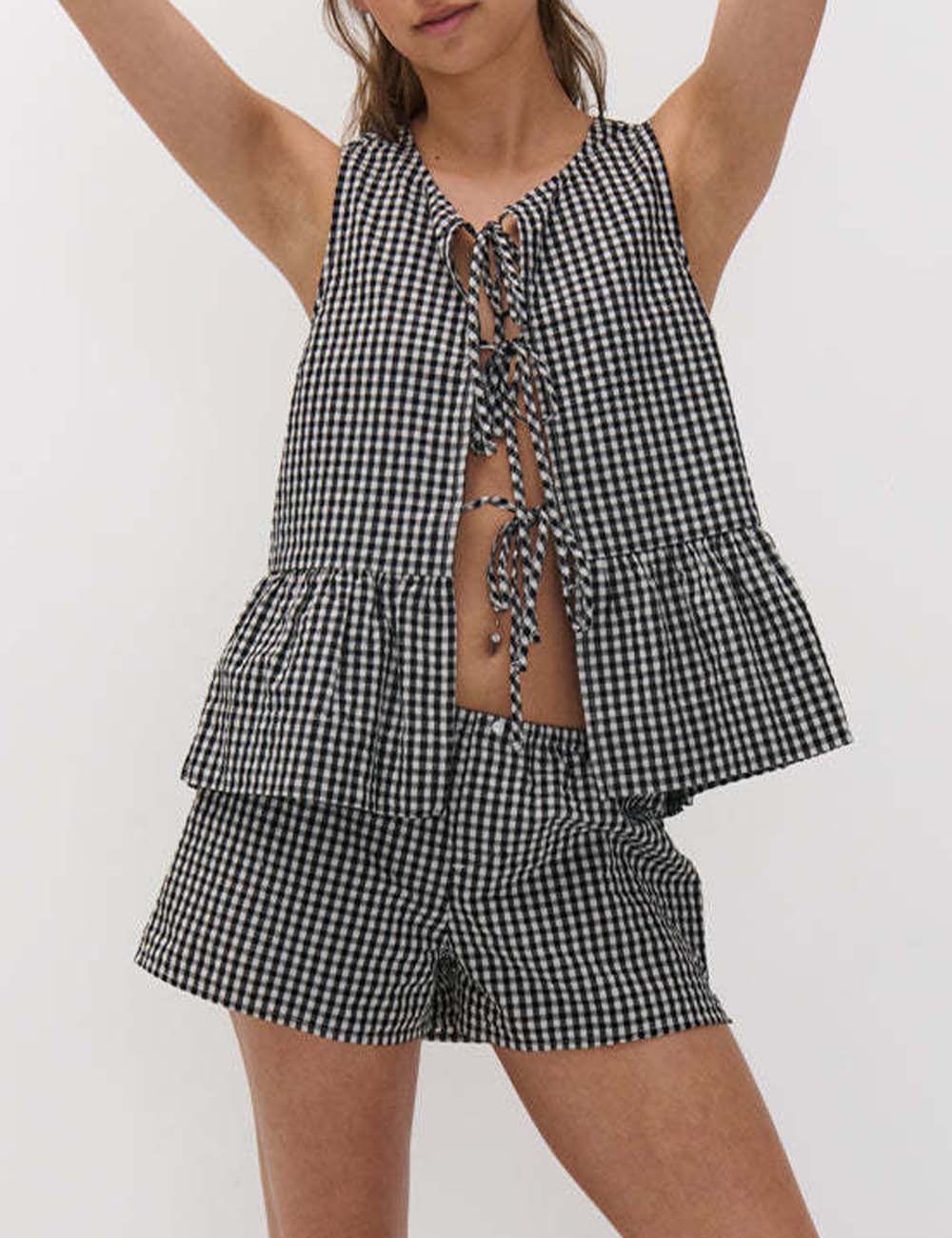Casual Plaid Tie-Front Top and Shorts Set