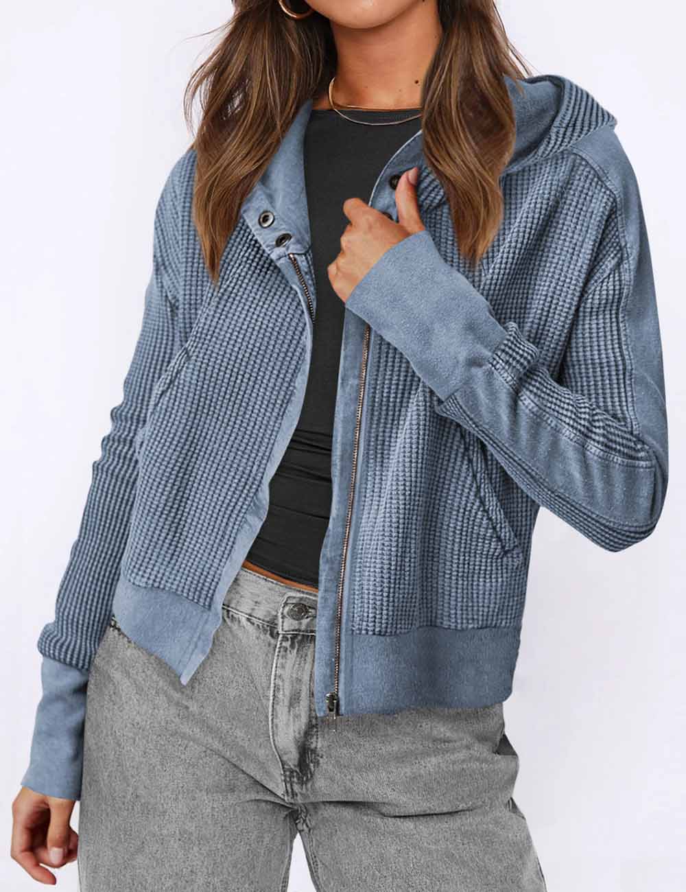 Casual Solid Color Zip Up Cropped Hoodie