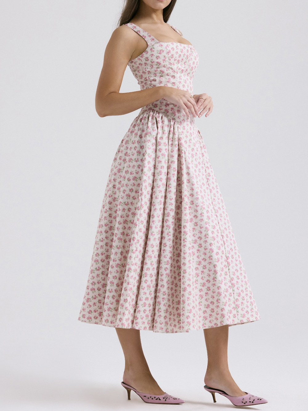 Flower Print Square Collar Spaghetti Dress