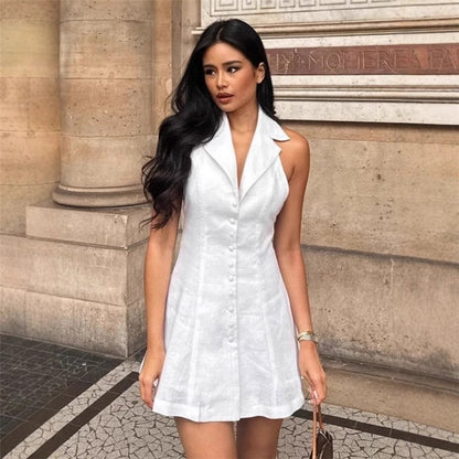 White V Neck Backless A Line Mini Dress