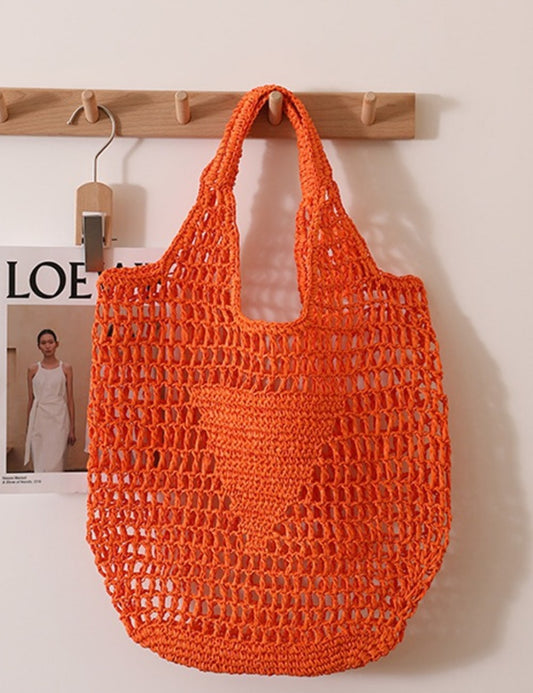 Solid Color Hollow Out Woven Handbag