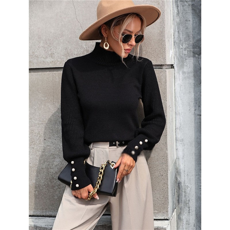 Solid Color Long Sleeve High Neck Casual Loose Pullover Knitted Sweater