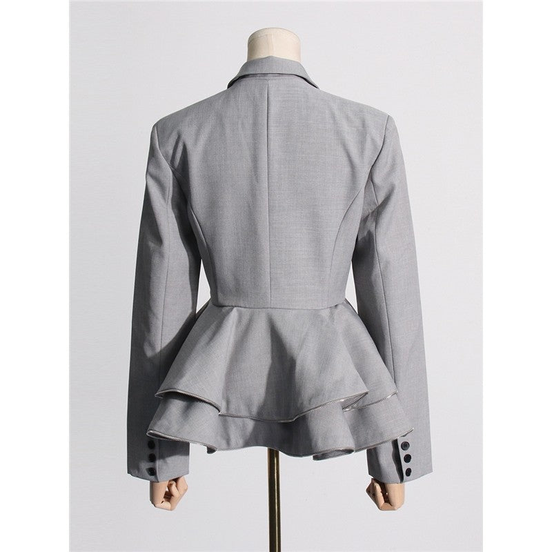 Solid Color Long Sleeve Lapel Buttoned Ruffled Slim Blazer Outerwear
