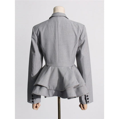 Solid Color Long Sleeve Lapel Buttoned Ruffled Slim Blazer Outerwear