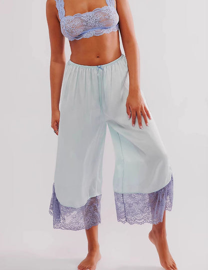 Casual Solid Color Lace Splice Satin Pants