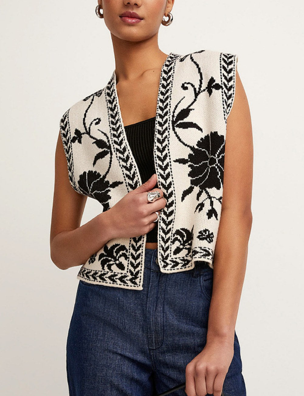 Sexy Jacquard Sleeveless Open Front Knit Vest