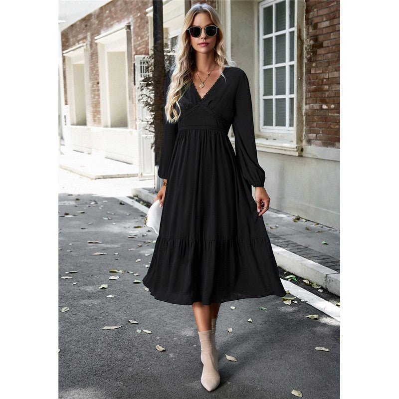 High Waist Solid Color V-Neck Dress