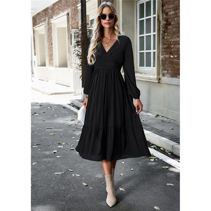 High Waist Solid Color V-Neck Dress