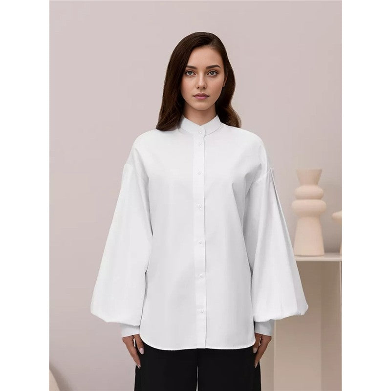 Solid Color Lapel Single Breasted Lantern Sleeves Blouse