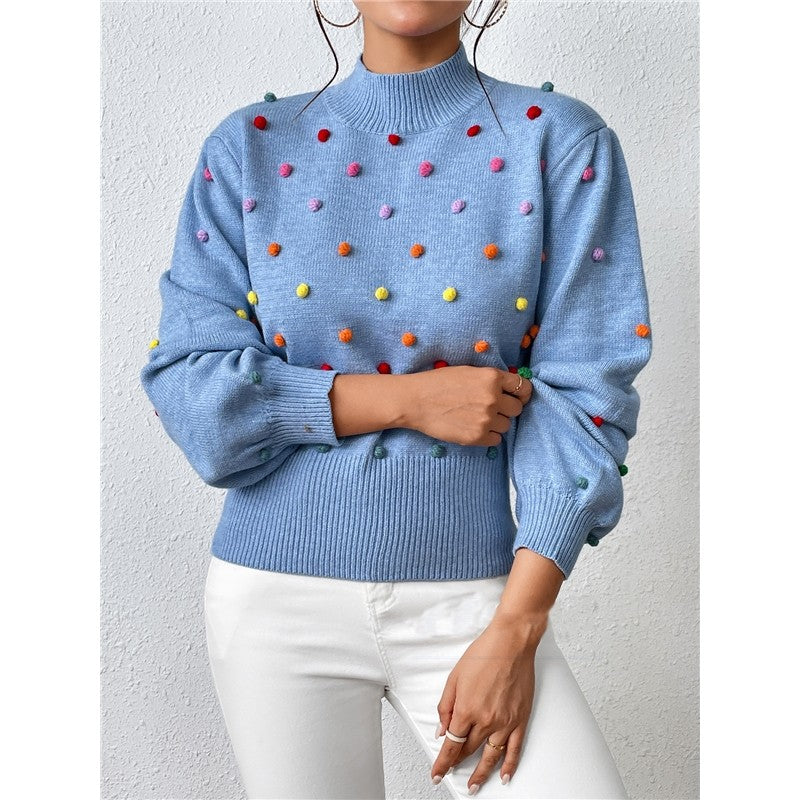 Long Sleeve Crewneck Colorful Balls Embellished Casual Knitted Sweater