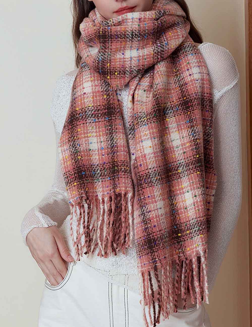 Sparkling Multi-Color Dots Plaid Fringe Scarf