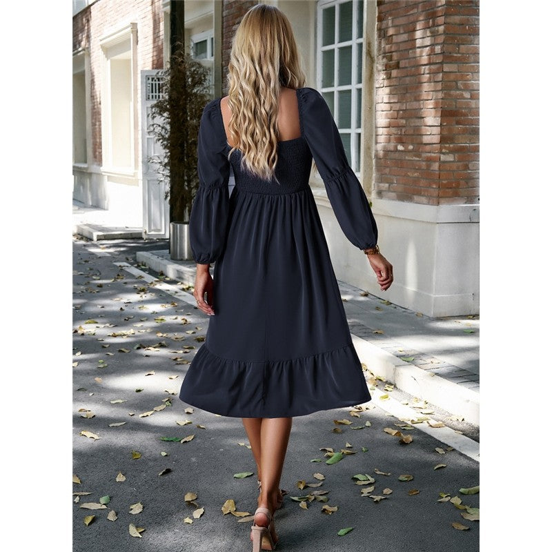Solid Color Square Neck Ruffle Skirt Waisted Long-Sleeved Dress