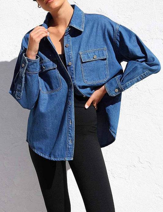 Vintage Polo Collar Long Sleeve Denim Shirt