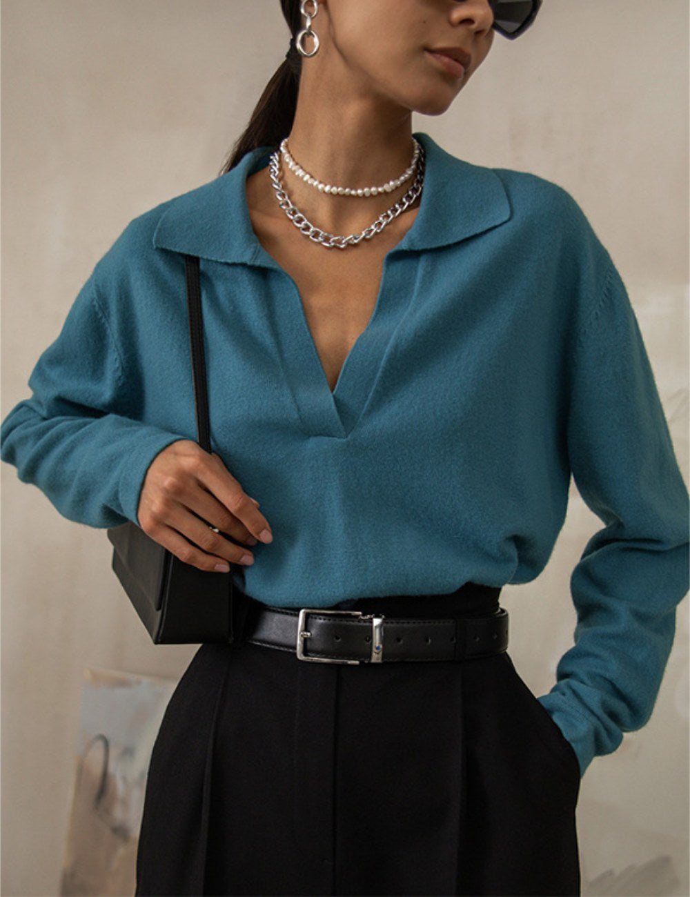 Lapel V-Neck Casual Sweater