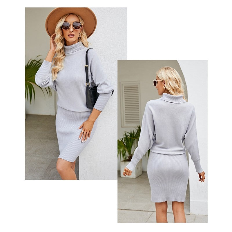 Solid Color Long Sleeves High Neck Knitted Bodycon Dress