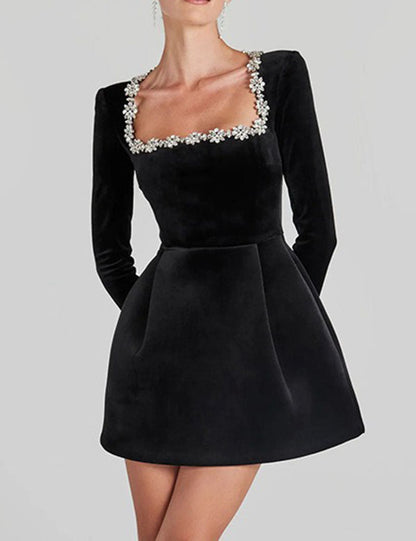 Elegant Velvet Rhinestone Trim Mini Dress