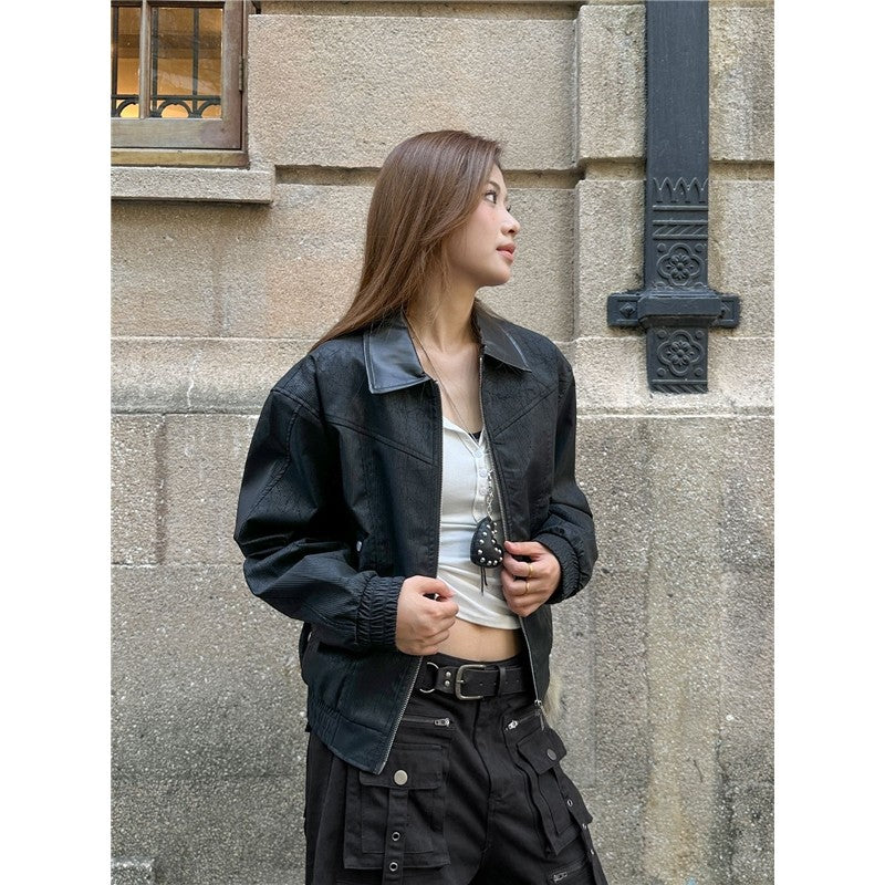 Flipped Collar PU Leather Jacket Street Style