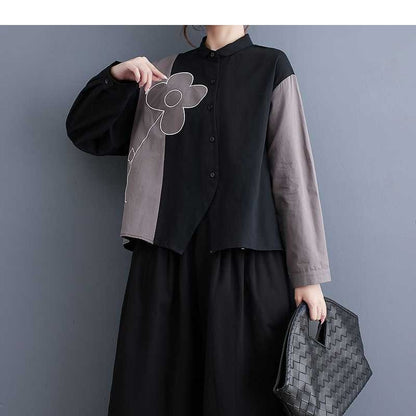 Long Sleeve Lapel Single Breasted Embroidery Loose Blouse