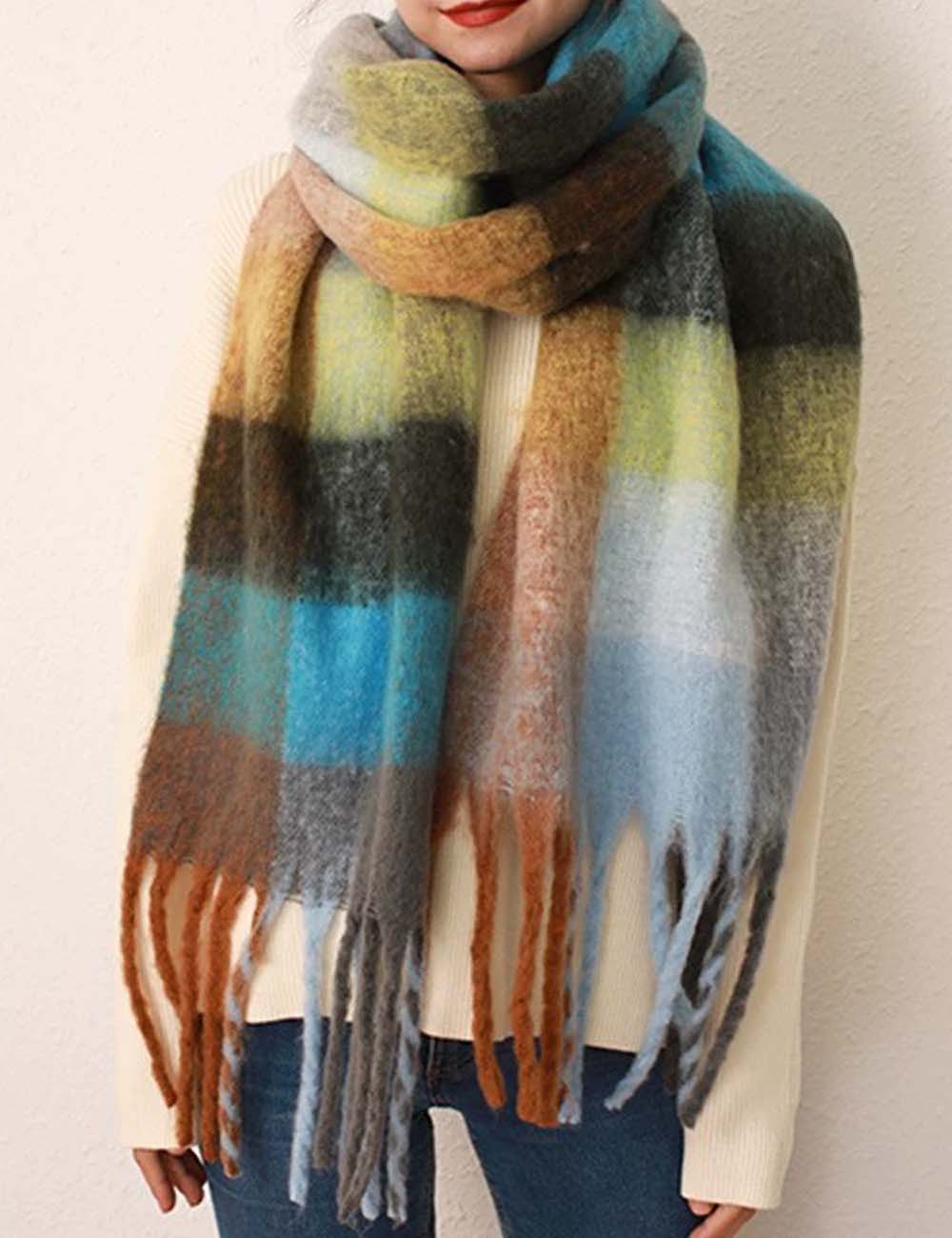 Cozy Color Block Plaid Fringed Knit Scarf