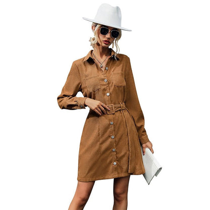 Shirt Style Lapel Long Sleeve Corduroy Dress