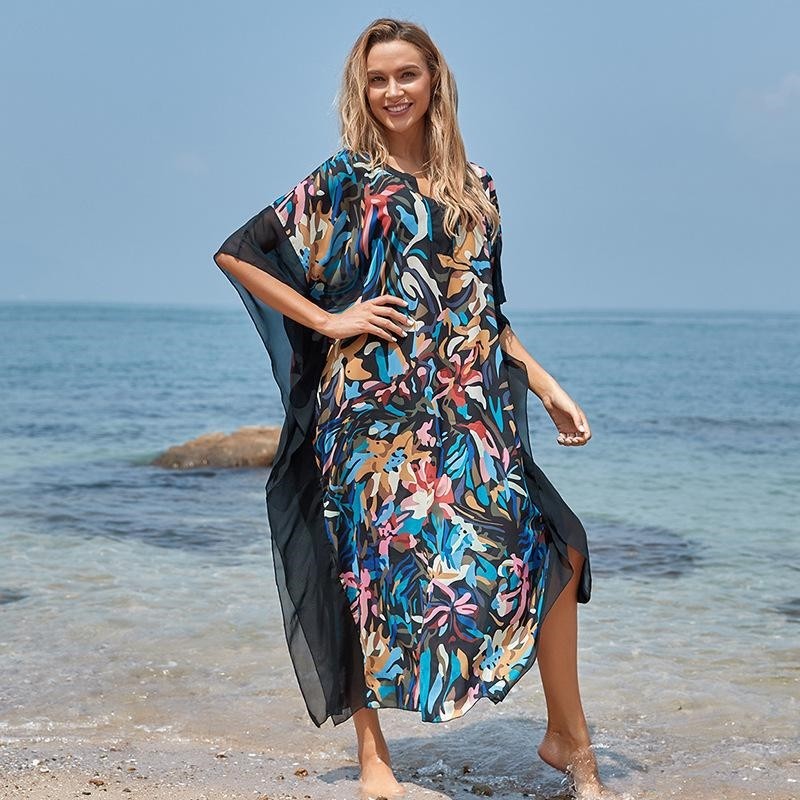 Contrast Color Patchwork Printing V-Neck Half Sleeve Casual Loose Long Beach Dress Bikini Cover-Up