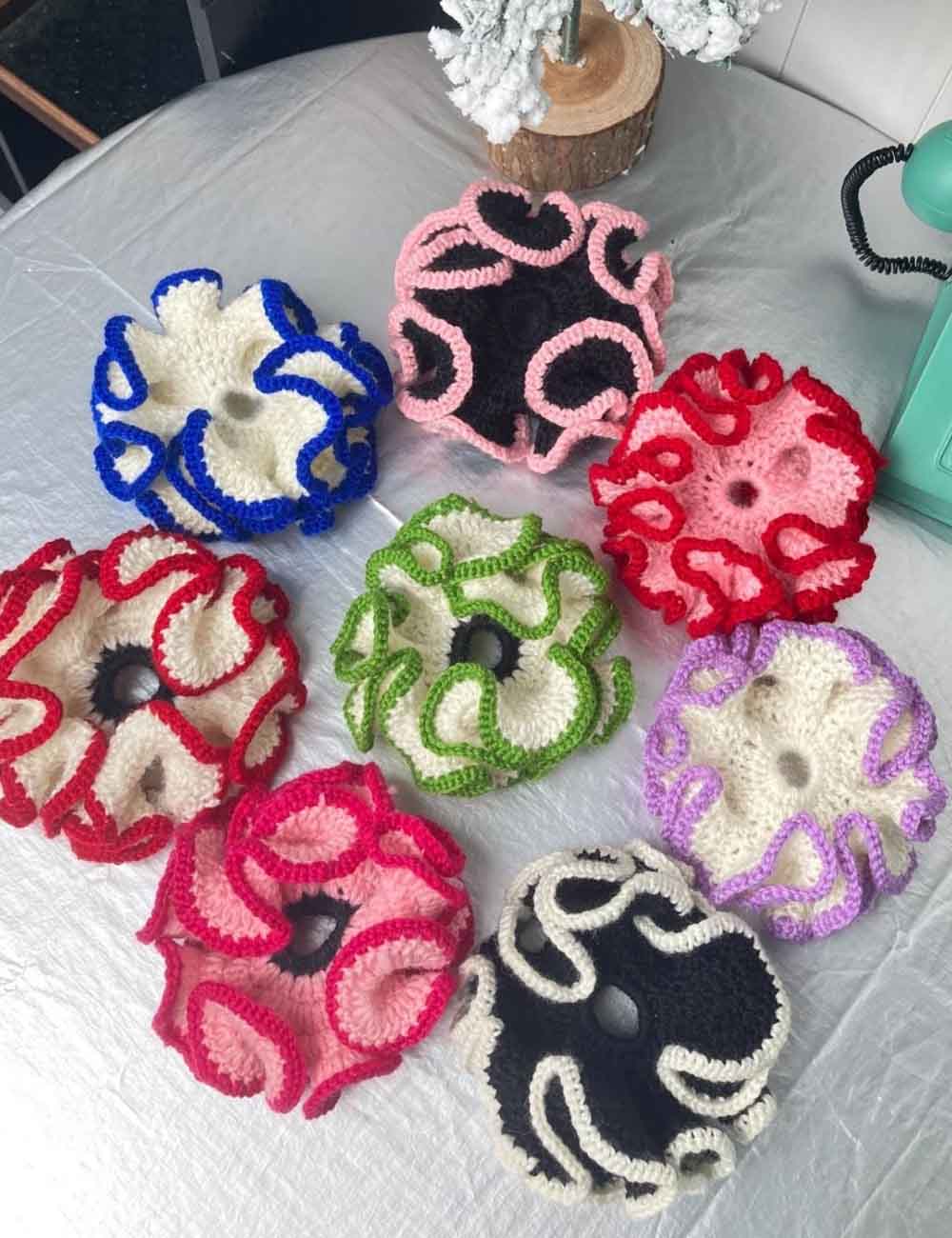 Color Contrast Ruffled Handmade Crochet Scrunchies