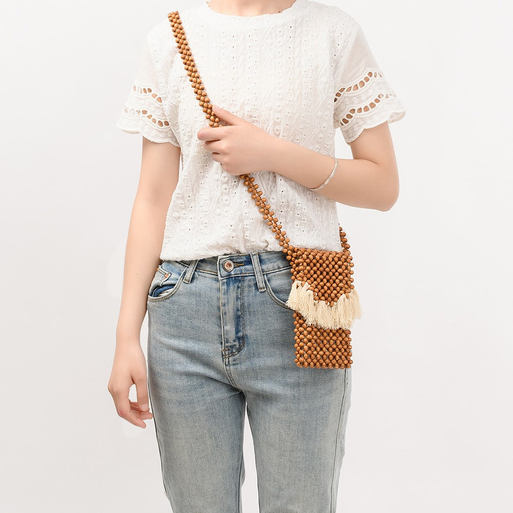 Tassel Hollow Out Beaded Shoulder Bag
